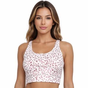Define Your Inspiration Heart Print Sports Bra – White & Pink Athletic Crop Top